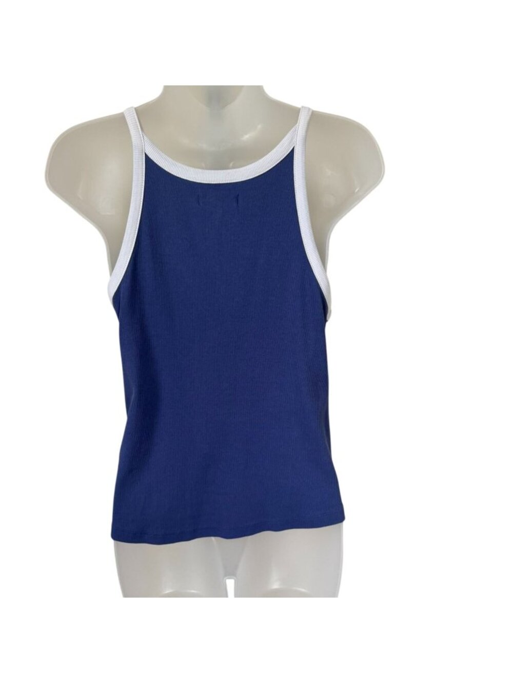 Madewell Womens Blue Tank Top With White Trim Ribbed Cotton Blend Sleeveless Siz - Picture 2 of 9